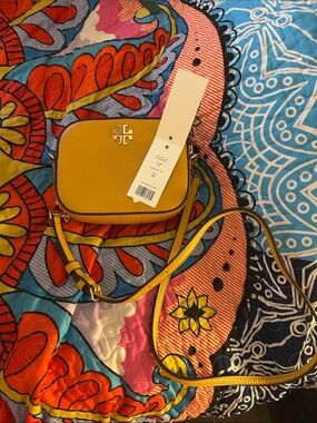 Tory Burch Mustard Yellow Pebbled Leather Crossbody